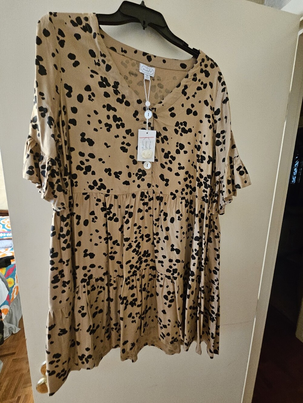 Mud Pie Tan Babydoll Tunic with Black Animal Spots